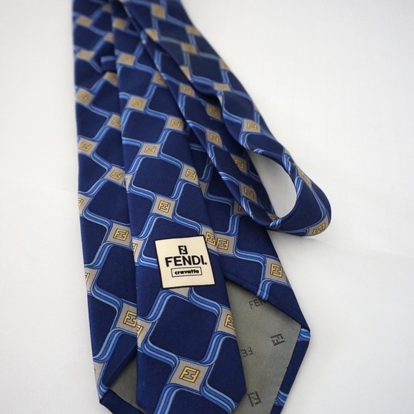 Men's FENDI FF Logo Blue Silk Printed Classic Tie - Picture 5 of 5